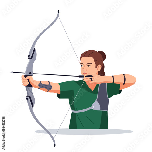 Focused female archer in a green shirt aiming a modern recurve bow, isolated vector illustration.