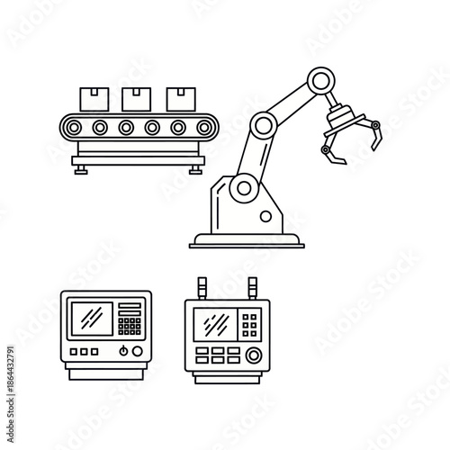 Industrial automation equipment icon set in a simple black line art style.