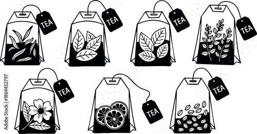 Tea bags with different herb and fruit illustrations in black and white vector design 