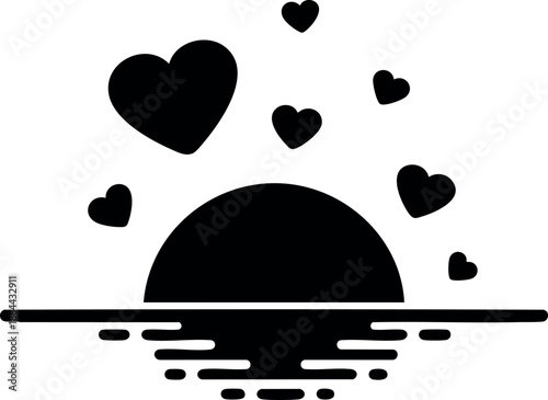 Sun setting with floating hearts romantic love vector illustration in black and white 