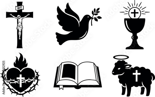 Christian religious symbols collection with cross dove chalice lamb and bible vector illustration 