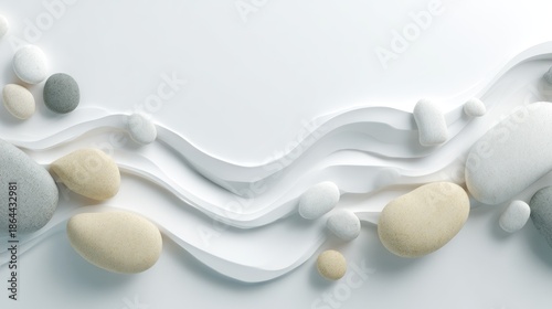 Abstract White and Gray Pebbles with Layered Paper Texture on Light Background