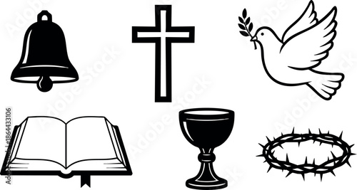 Christian Symbols Collection Cross Bible Dove Chalice Crown of Thorns Bell Vector Illustration 