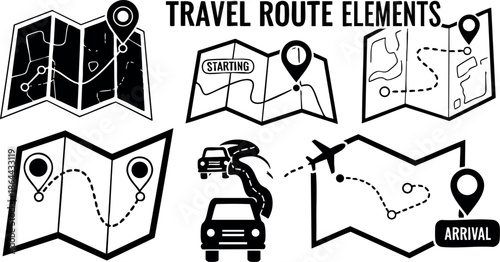 Travel route elements with maps car airplane and destination markers vector illustration 
