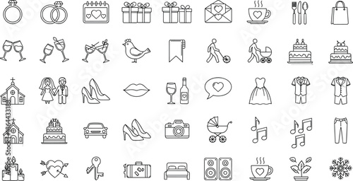 Wedding icons, celebration symbols, family life line art, romance illustrations, rings, church, bride, groom, cake, wine, dancing couple,