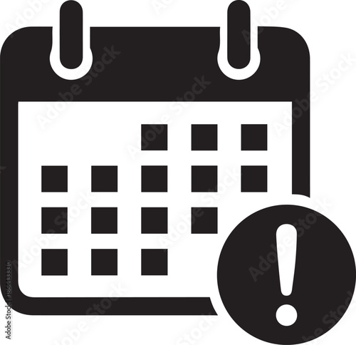 Calendar deadline icon with exclamation mark alert. Black vector for urgent reminders, schedule planning, and important event notifications. Business time management and appointment warning sign.