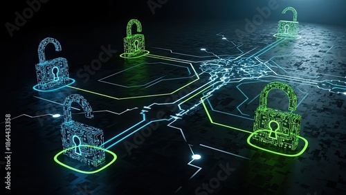 Neon glowing padlocks connected by vibrant circuit lines in dark cyberpunk background