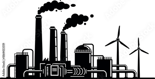 Industrial factory with smoke stacks and wind turbines vector illustration black and white 