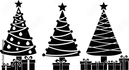 Christmas tree silhouettes with star toppers and gift boxes festive decoration vector 
