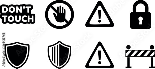 Safety Warning Icons Including Lock Shield and Do Not Touch Symbols Vector Illustration 