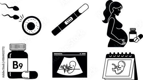 Pregnancy and fertility icons with test, vitamins, ultrasound, and calendar illustration vector 