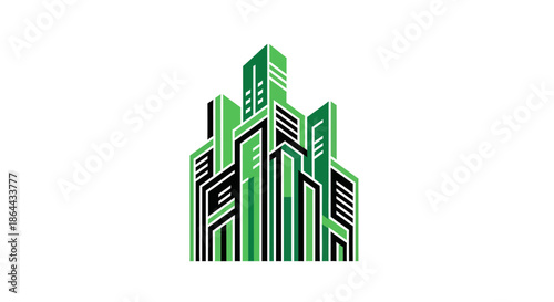 Abstract Metropolis Silhouettes: Green and Black Buildings Representing Urban Development