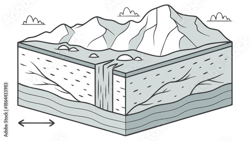 Hand drawn vector illustration of a winter mountain landscape with a box and cold ice clouds under a blue summer sky