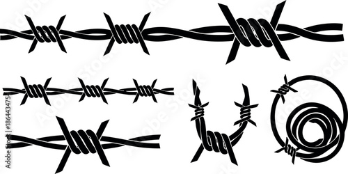 Barbed wire vector set with different shapes and coil isolated on white background 