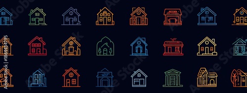 a collection of stylized house drawings, each featuring different roof styles. they are arranged in a grid like pattern against a dark background
