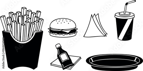 Fast food meal with fries burger soda and condiments black and white vector illustration 
