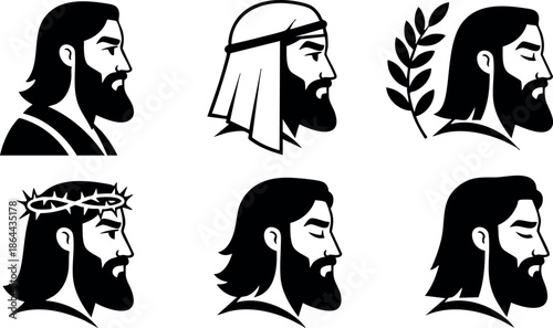 Jesus Christ silhouette icons with crown of thorns and olive branch vector set 