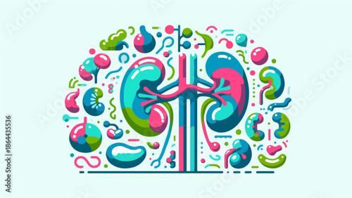 Colorful Human Kidney Anatomy Illustration in Modern Flat Style