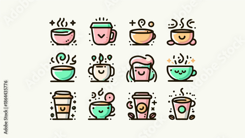 Cute Coffee & Tea Cup Icons – Hand-Drawn Kawaii Beverage Set