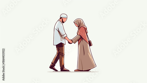 Muslim Couple Greeting with Handshake – Respectful Modest Lifestyle Illustration
