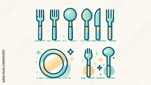 Kitchen Cutlery Icons Set – Fork, Spoon, Knife, and Plate Flat Illustration