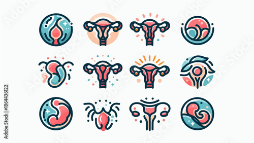 Colorful Female Reproductive Health and Pregnancy Icon Set