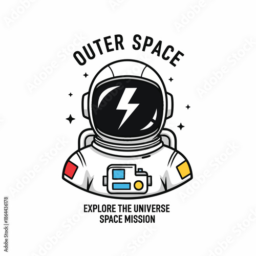Astronaut suit with lightning bolt symbol on helmet and 'Outer Space' text for cosmic exploration and science themes.