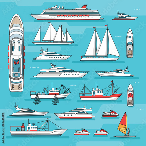 Collection of diverse watercraft including cruise ship, yachts, sailboats, fishing boats, jet skis, and windsurfer.