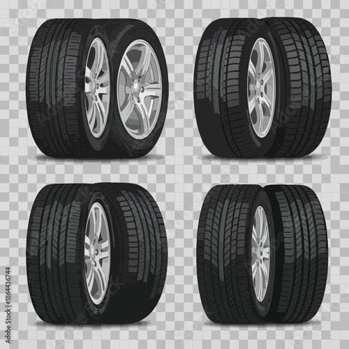 Collection of four pairs of car tires with silver alloy wheels on a transparent background.
