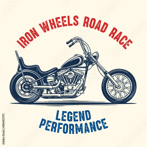 Custom Chopper Motorcycle Design with "Iron Wheels Road Race" and "Legend Performance" Text.