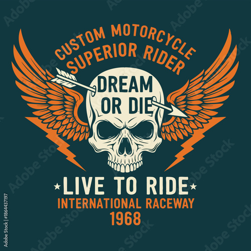 Custom Motorcycle Rider Skull with Wings and Lightning Bolt Emblem.