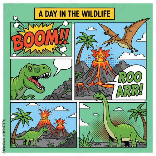 Dinosaur Comic Strip: Volcanic Eruptions and Roaring Creatures in a Prehistoric Landscape.