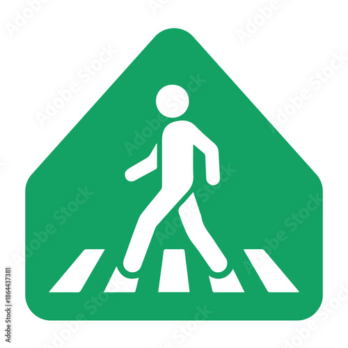 Professional Green Pentagonal Pedestrian Crossing Sign with Person Walking Icon - High Contrast School Zone and Safety Road Graphic