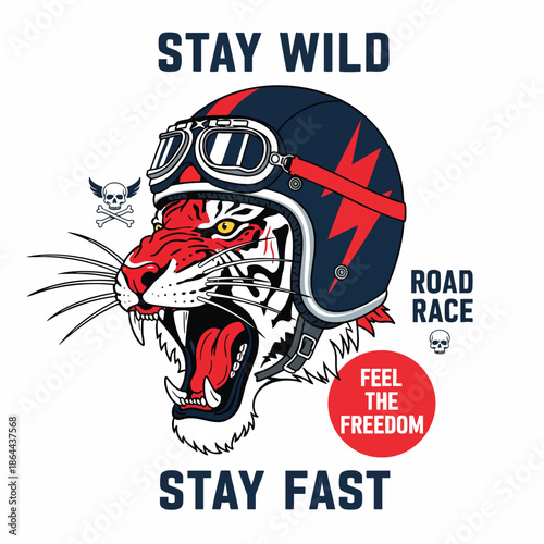 Fierce Tiger Rider Wearing Helmet and Goggles, Encouraging Speed and Freedom.