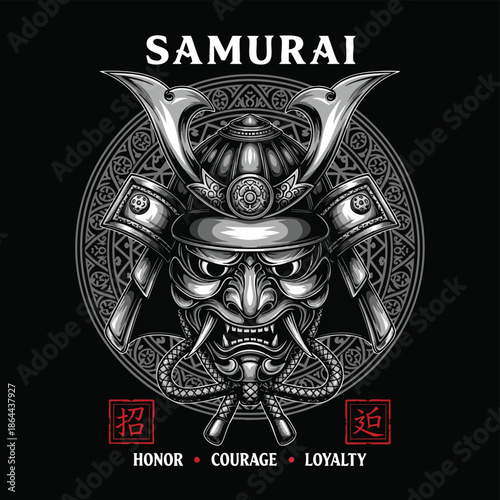 Intimidating Samurai Warrior Mask with Ancient Japanese Symbols and Bushido Code Values.