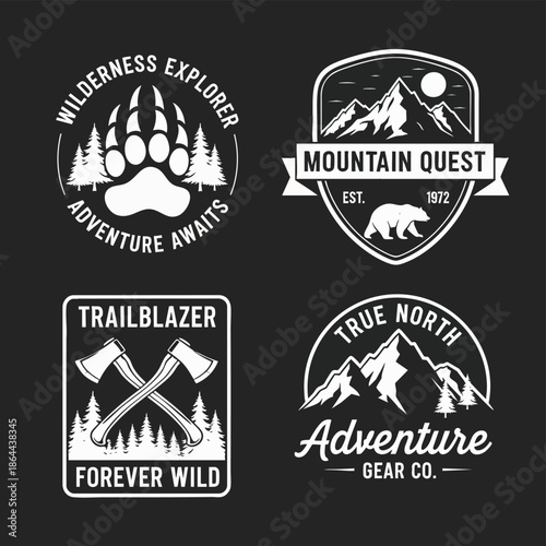 Outdoor Adventure Badges: Wilderness Explorer, Mountain Quest, Trailblazer, True North Adventure Gear.