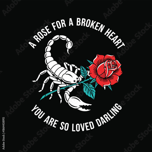 Scorpion with Red Rose Vector Graphic: Symbolizing Love and Resilience for T-shirts and Merchandise.