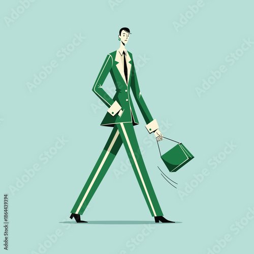 An elegant character confidently strides through a vibrant scene, showcasing modern green fashion with a matching suit and handbag, embodying sophisticated style