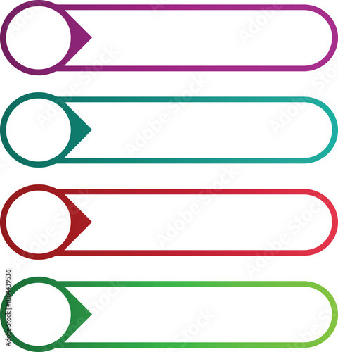 Four horizontal infographic banners with rounded ends and arrow pointers in purple teal red and green