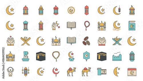 Colorful flat vector icons depicting Islamic culture, holidays, and religious traditions