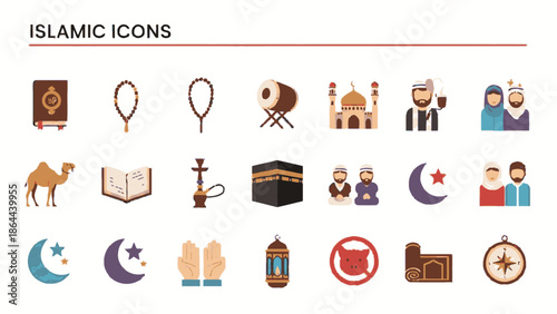 Illustrative set of Islamic cultural, religious symbols and traditional customs icons