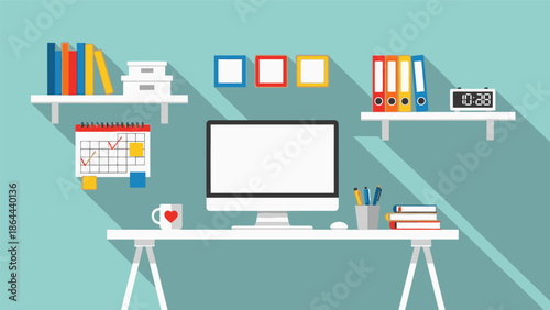Clean and organized modern workspace illustration with computer and office supplies in a flat design style