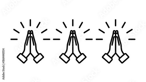 Simple Line Art Icons of Praying Hands with Radiating Light, Spiritual Expression