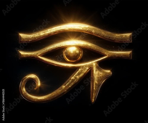 Golden Eye of Horus symbol glowing on a dark background, ancient and mystical. Ideal for concepts of protection, power, spirituality, history, mythology, esoteric design, luxury visual branding