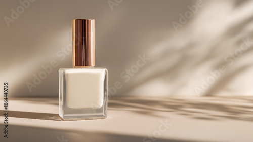 Cloud Dancer themed A clear glass perfume bottle a rose gold cap sits on a beige surface in soft natural light. Colour of the Year 2026