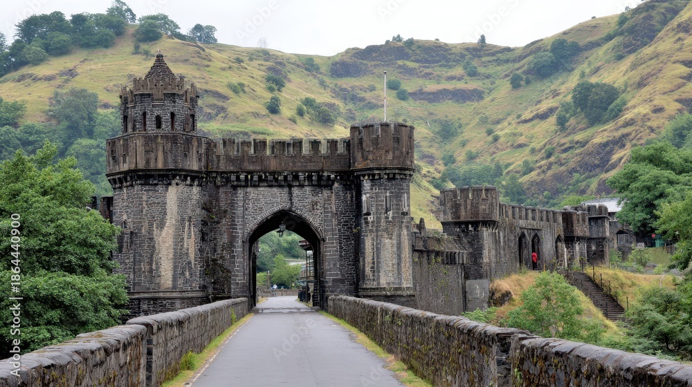 Fototapeta premium A formidable stone archway bridge, flanked by imposing stonework fortifications, leads through a verdant valley.