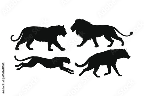 Four lion silhouettes in different poses showcasing various movements and stances silhouette