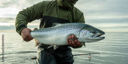 Fisherman proudly displays a freshly caught silver salmon by the waterside
