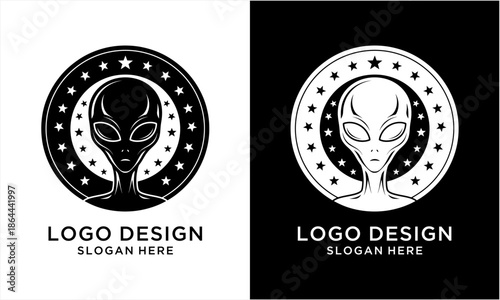 Alien head logo design with stars in a circular emblem.