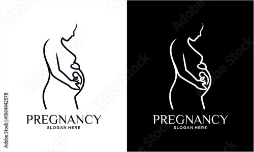 Elegant Line Art of Pregnant Woman Embracing Her Belly with Fetus.